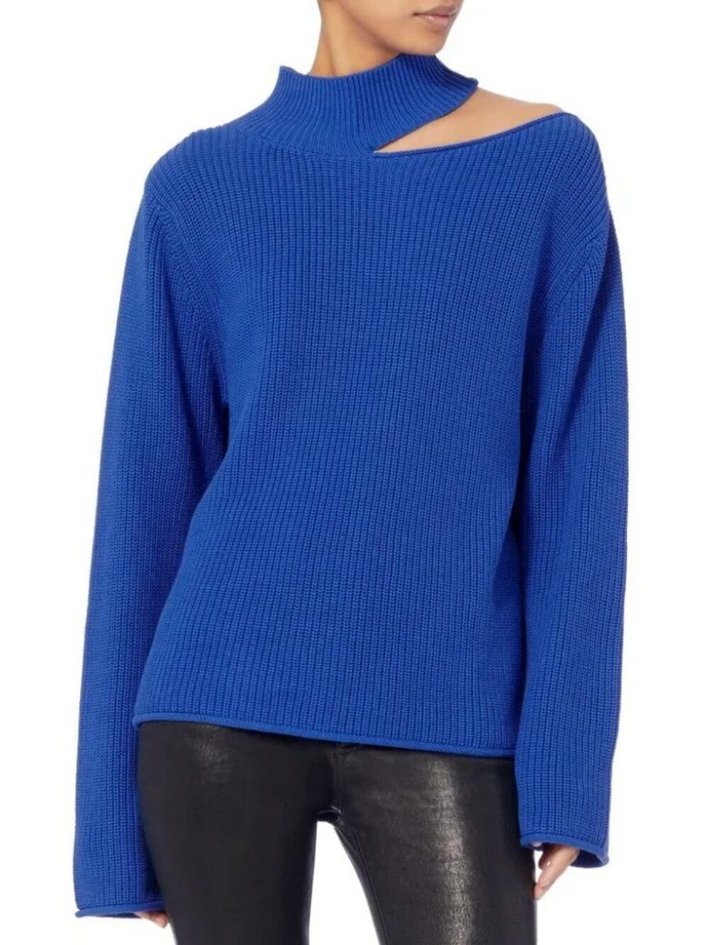 Women RtA Langley Blue (Item-49) Turtleneck Asymmetric Shoulder Cutout Sweater L